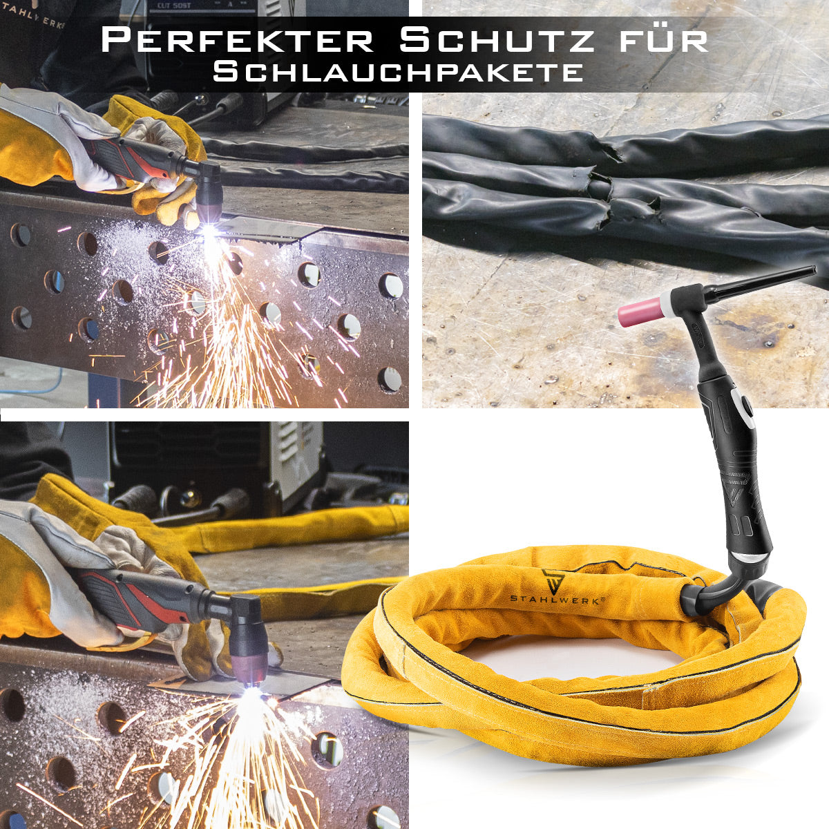 Funda protectora flexible STAHLWERK para paquetes de mangueras de cuero auténtico - 5 metros / resistente al calor y al fuego