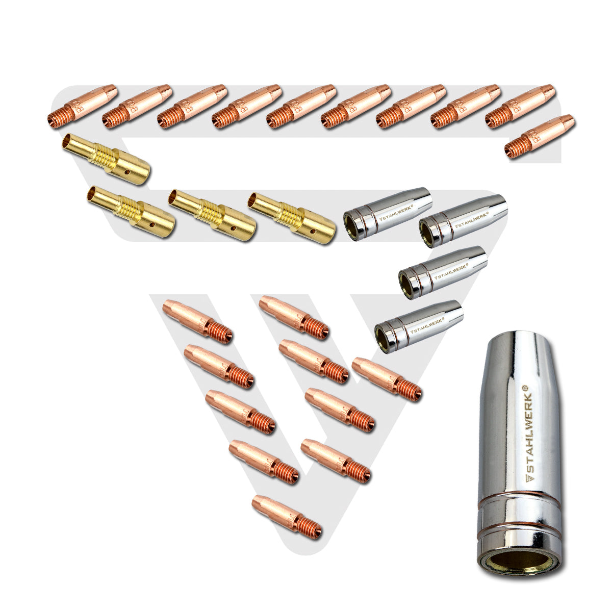 Set di accessori per saldatura STAHLWERK MIG MAG 28 pezzi, parti soggette ad usura AK25/MB25, ugelli gas + portaugello + ugelli di contatto per torce di saldatura MIG MAG