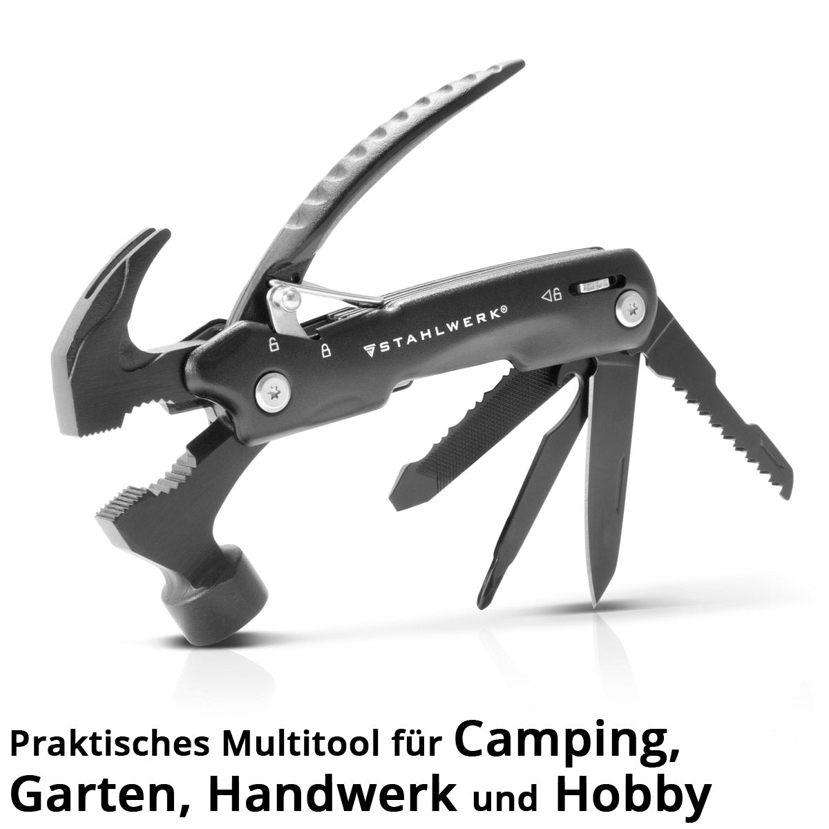 STAHLWERK multitool with 12 tools, high-quality pocket knife / folding knife / multifunctional tool with hammer, knife, saw, file, combination pliers, screwdriver etc. including LED flashlight